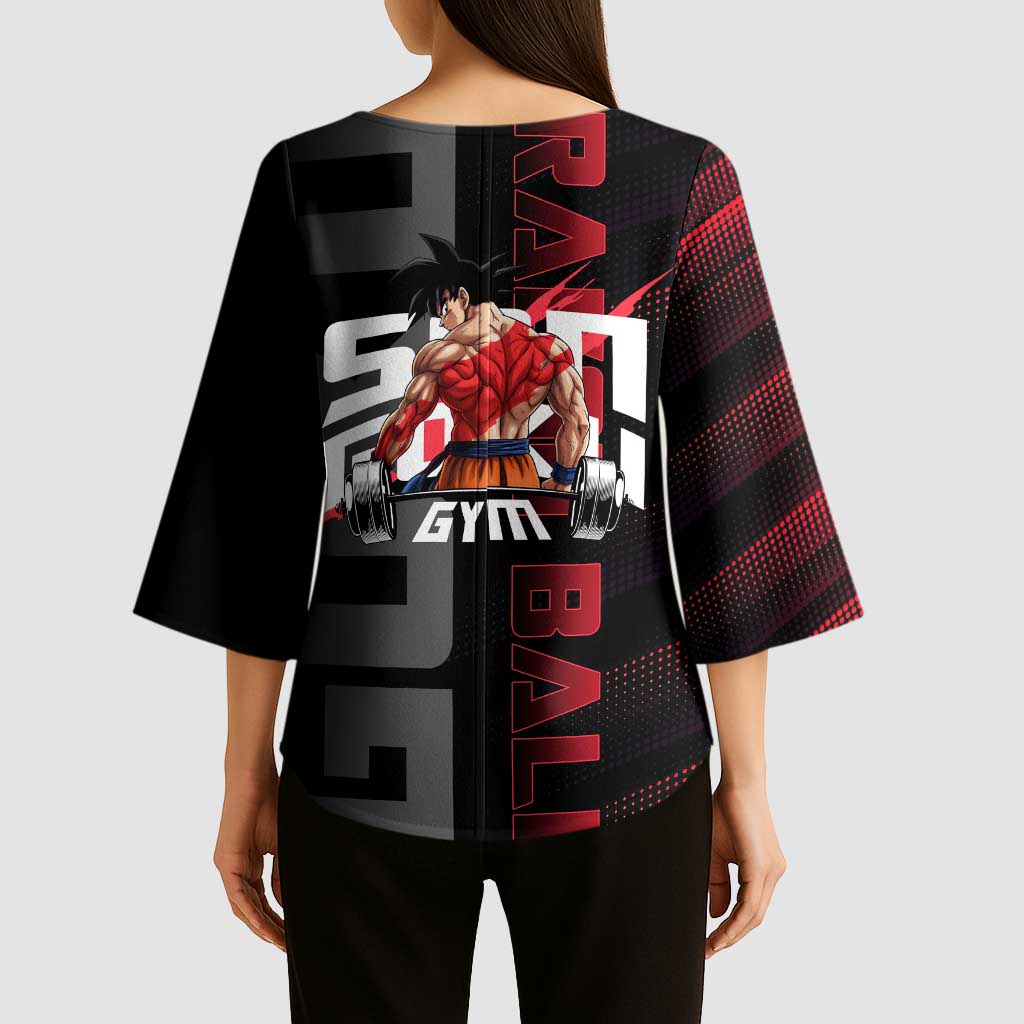 Goku Gym Theme Black and Red Design Kimono Sleeve Blouse with Dumbbell Lightning Art and Muscle Training Pose - The Mazicc