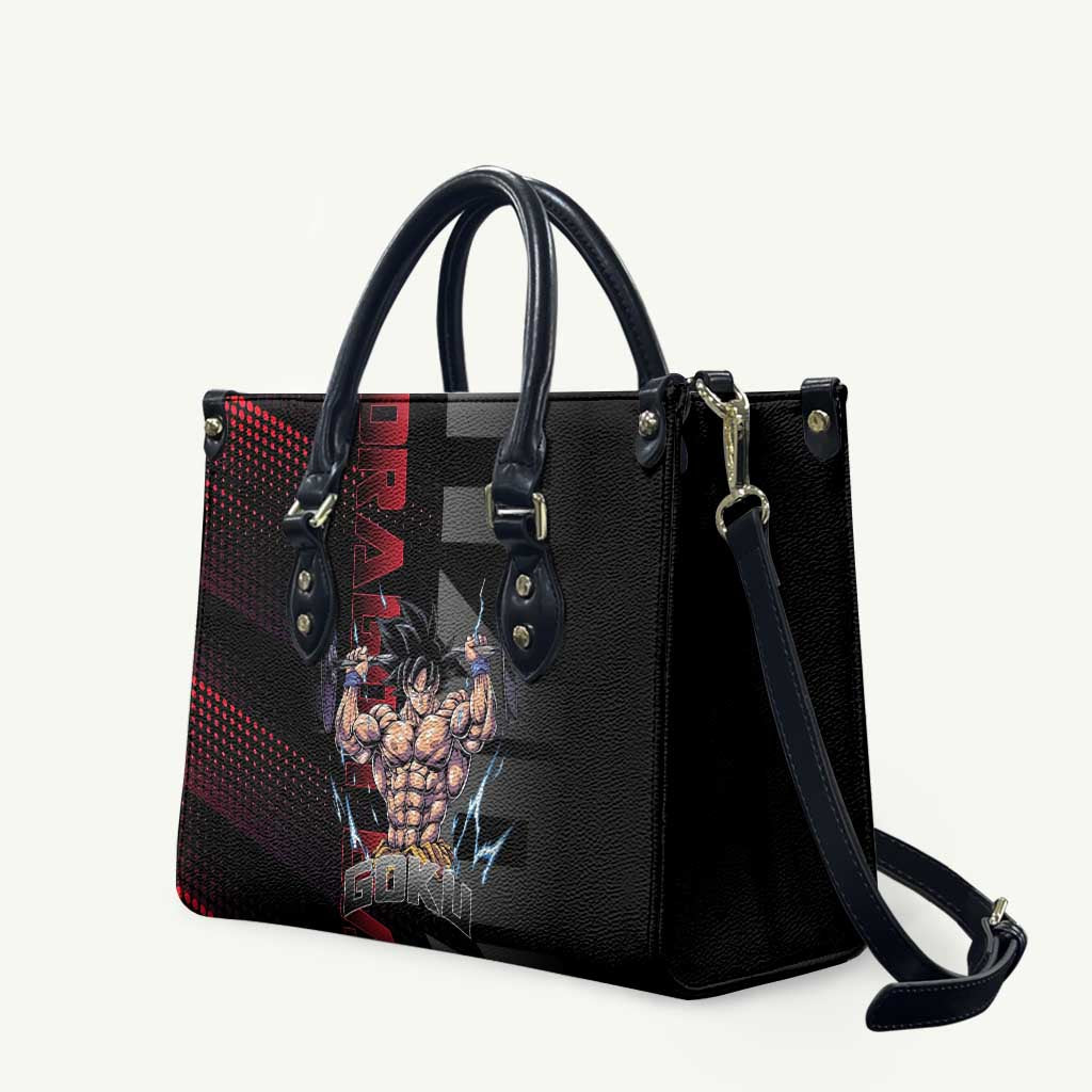 Goku Gym Theme Black and Red Design Leather Bag with Dumbbell Lightning Art and Muscle Training Pose - The Mazicc