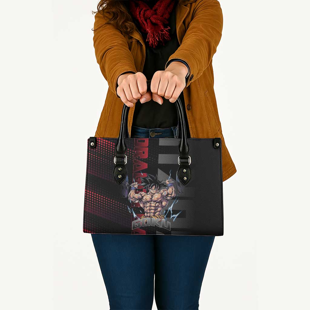 Goku Gym Theme Black and Red Design Leather Bag with Dumbbell Lightning Art and Muscle Training Pose - The Mazicc