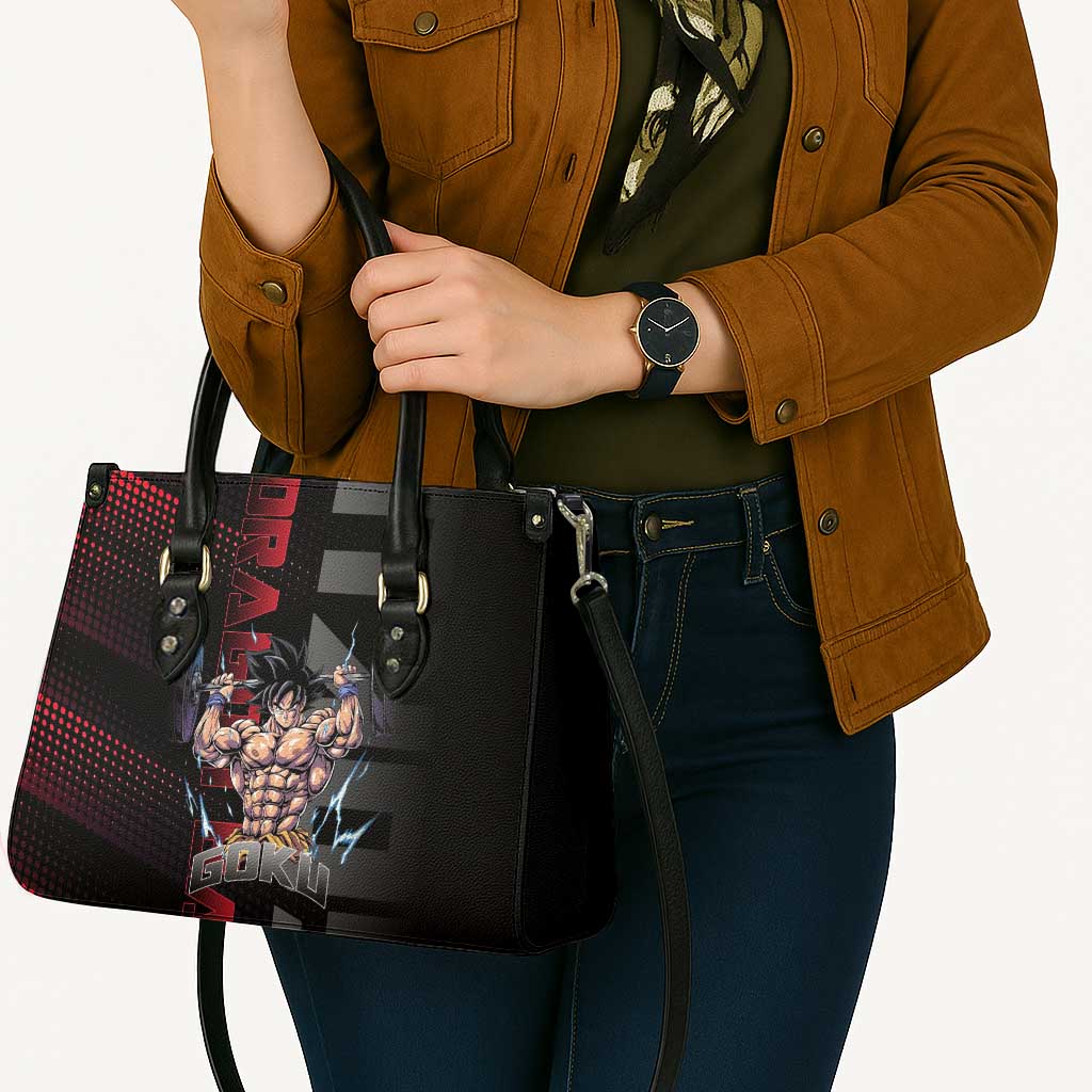 Goku Gym Theme Black and Red Design Leather Bag with Dumbbell Lightning Art and Muscle Training Pose - The Mazicc