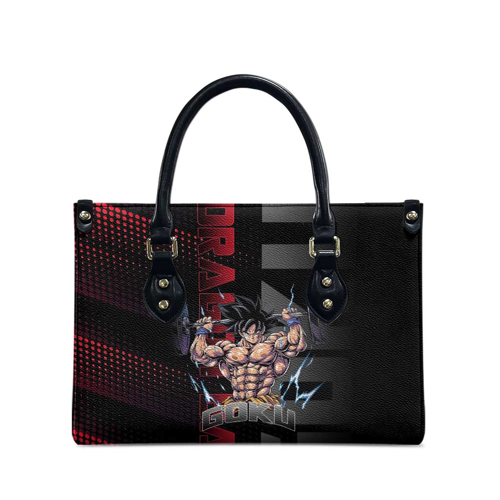 Goku Gym Theme Black and Red Design Leather Bag with Dumbbell Lightning Art and Muscle Training Pose - The Mazicc