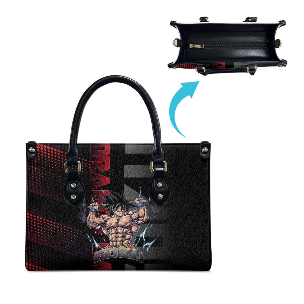Goku Gym Theme Black and Red Design Leather Bag with Dumbbell Lightning Art and Muscle Training Pose - The Mazicc