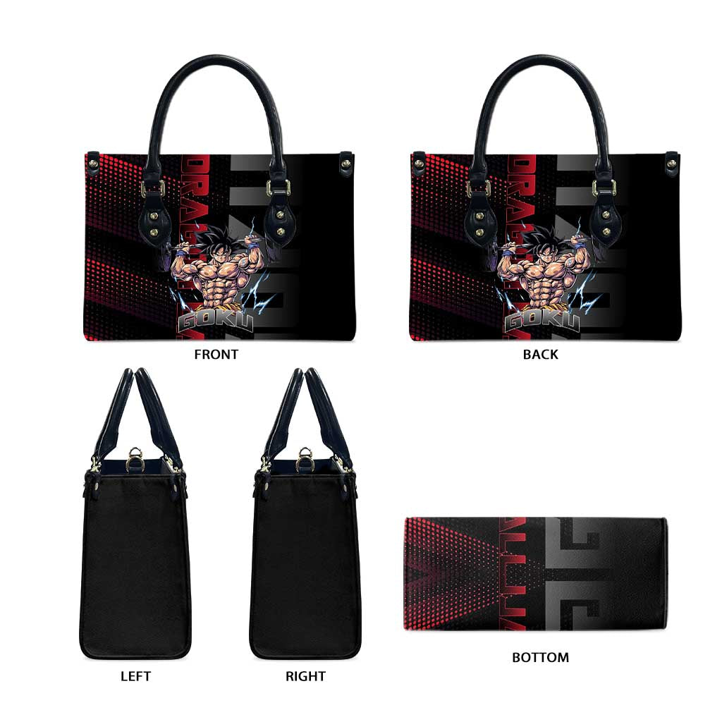 Goku Gym Theme Black and Red Design Leather Bag with Dumbbell Lightning Art and Muscle Training Pose - The Mazicc