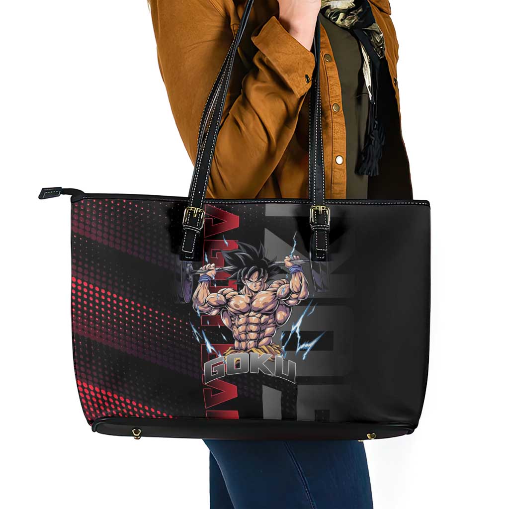 Goku Gym Theme Black and Red Design Leather Tote Bag with Dumbbell Lightning Art and Muscle Training Pose - The Mazicc