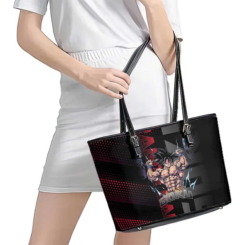 Goku Gym Theme Black and Red Design Leather Tote Bag with Dumbbell Lightning Art and Muscle Training Pose - The Mazicc