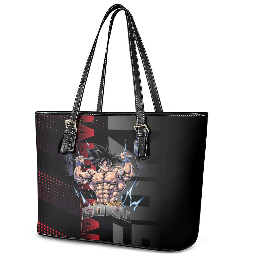 Goku Gym Theme Black and Red Design Leather Tote Bag with Dumbbell Lightning Art and Muscle Training Pose - The Mazicc