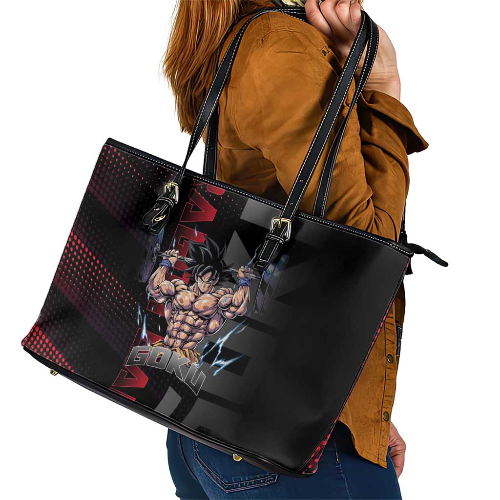 Goku Gym Theme Black and Red Design Leather Tote Bag with Dumbbell Lightning Art and Muscle Training Pose - The Mazicc