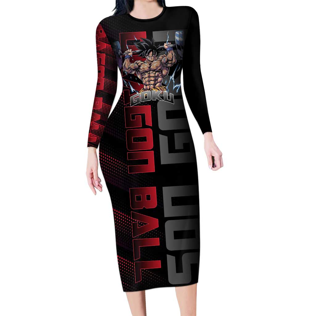 Goku Gym Theme Black and Red Design Long Sleeve Bodycon Dress with Dumbbell Lightning Art and Muscle Training Pose - The Mazicc