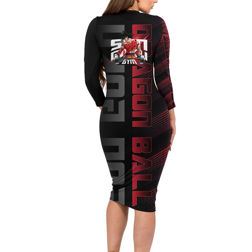 Goku Gym Theme Black and Red Design Long Sleeve Bodycon Dress with Dumbbell Lightning Art and Muscle Training Pose - The Mazicc