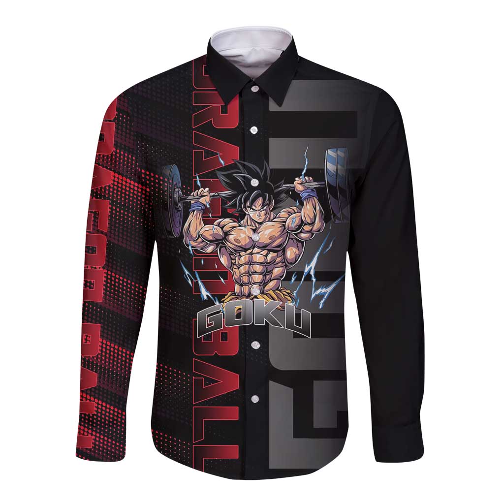 Goku Gym Theme Black and Red Design Long Sleeve Button Shirt with Dumbbell Lightning Art and Muscle Training Pose - The Mazicc