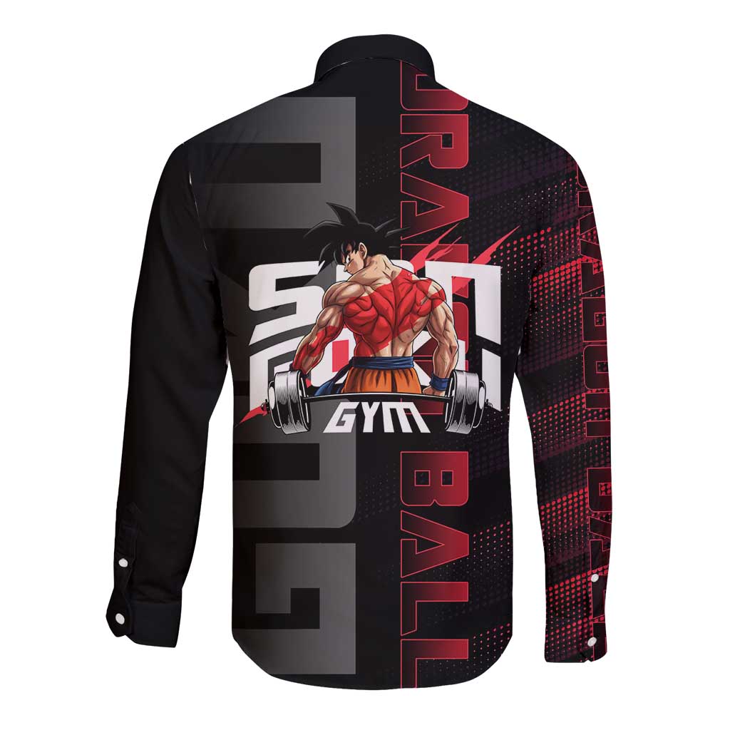 Goku Gym Theme Black and Red Design Long Sleeve Button Shirt with Dumbbell Lightning Art and Muscle Training Pose - The Mazicc