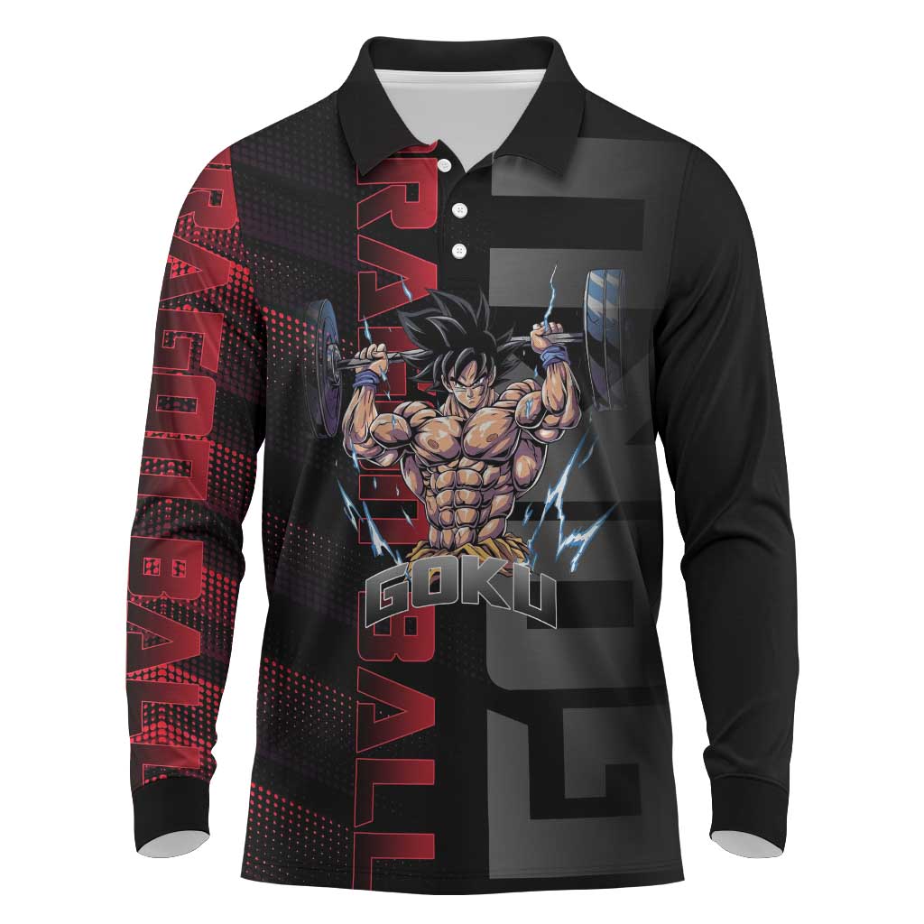 Goku Gym Theme Black and Red Design Long Sleeve Polo Shirt with Dumbbell Lightning Art and Muscle Training Pose - The Mazicc
