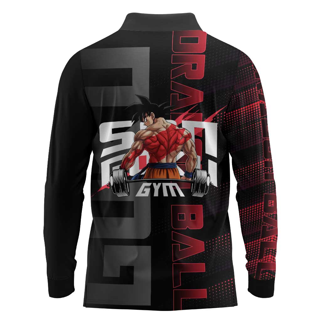 Goku Gym Theme Black and Red Design Long Sleeve Polo Shirt with Dumbbell Lightning Art and Muscle Training Pose - The Mazicc