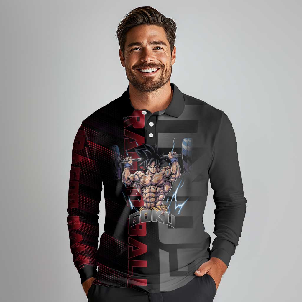 Goku Gym Theme Black and Red Design Long Sleeve Polo Shirt with Dumbbell Lightning Art and Muscle Training Pose - The Mazicc