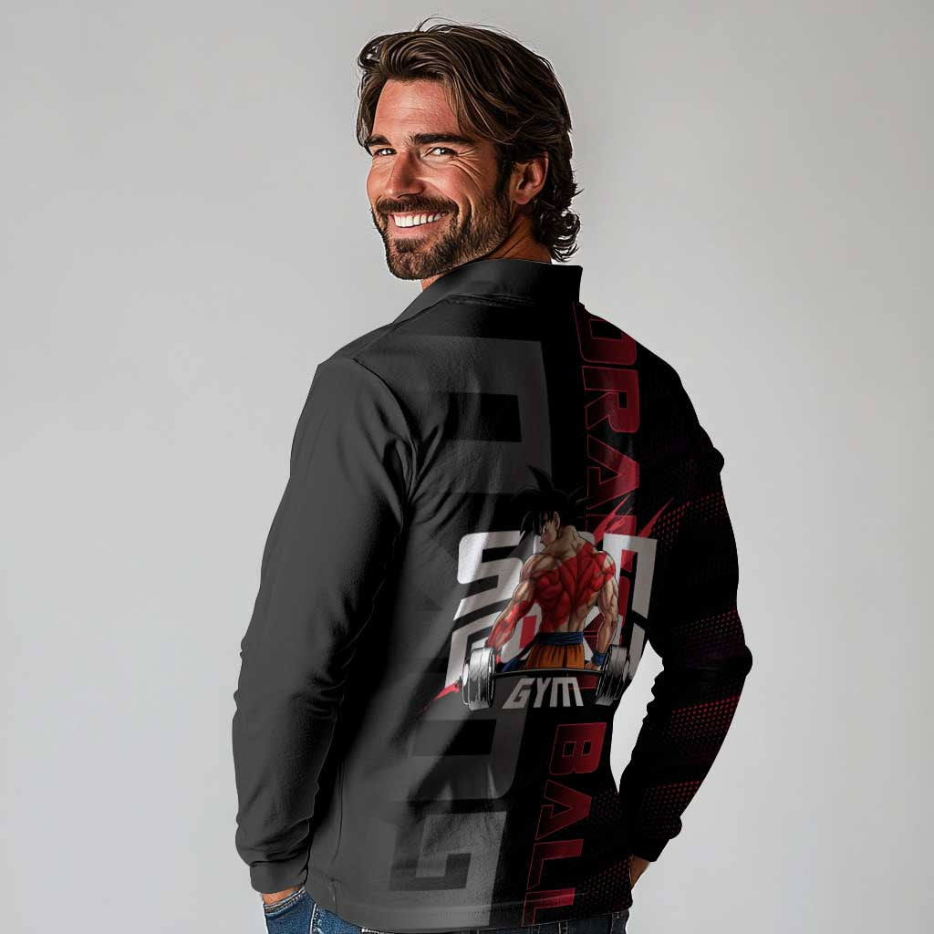 Goku Gym Theme Black and Red Design Long Sleeve Polo Shirt with Dumbbell Lightning Art and Muscle Training Pose - The Mazicc
