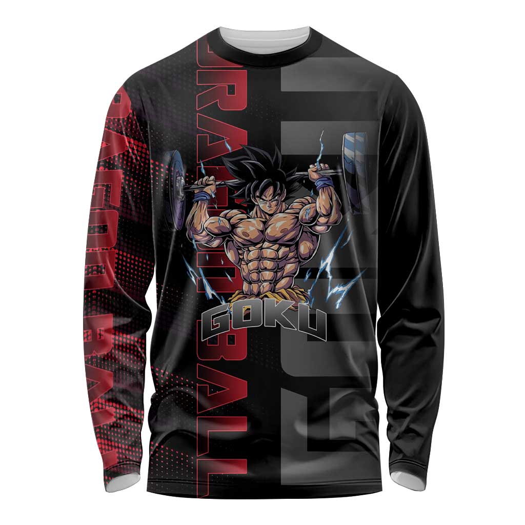 Goku Gym Theme Black and Red Design Long Sleeve Shirt with Dumbbell Lightning Art and Muscle Training Pose - The Mazicc