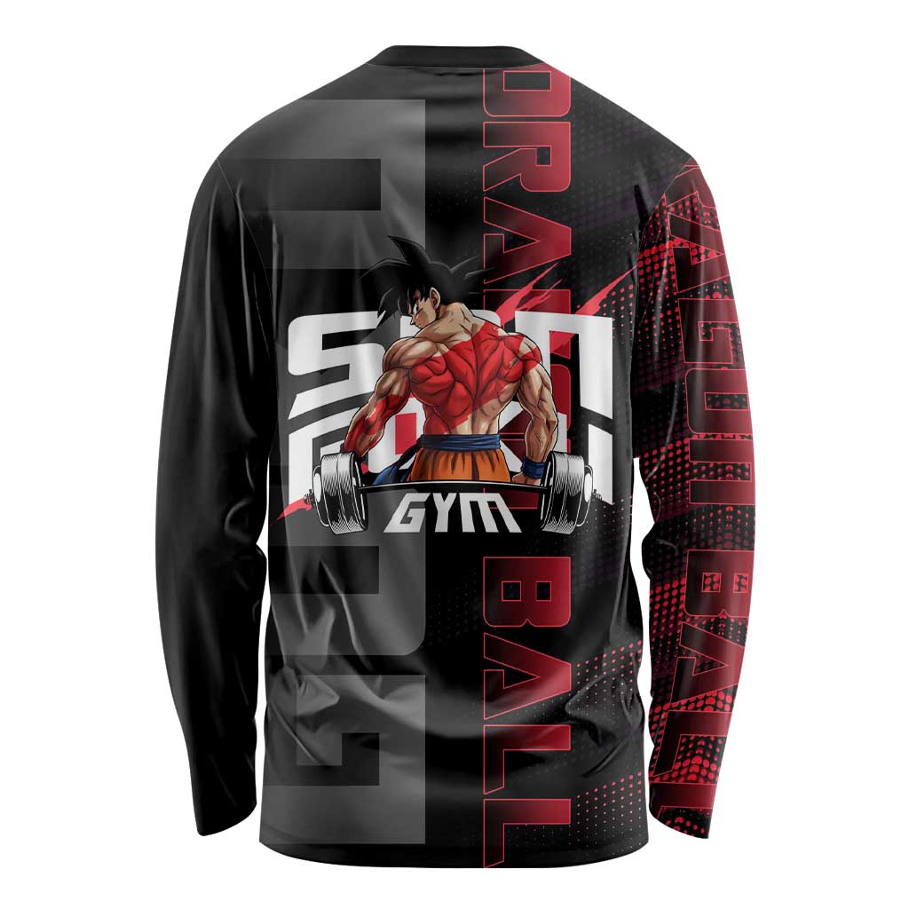 Goku Gym Theme Black and Red Design Long Sleeve Shirt with Dumbbell Lightning Art and Muscle Training Pose - The Mazicc