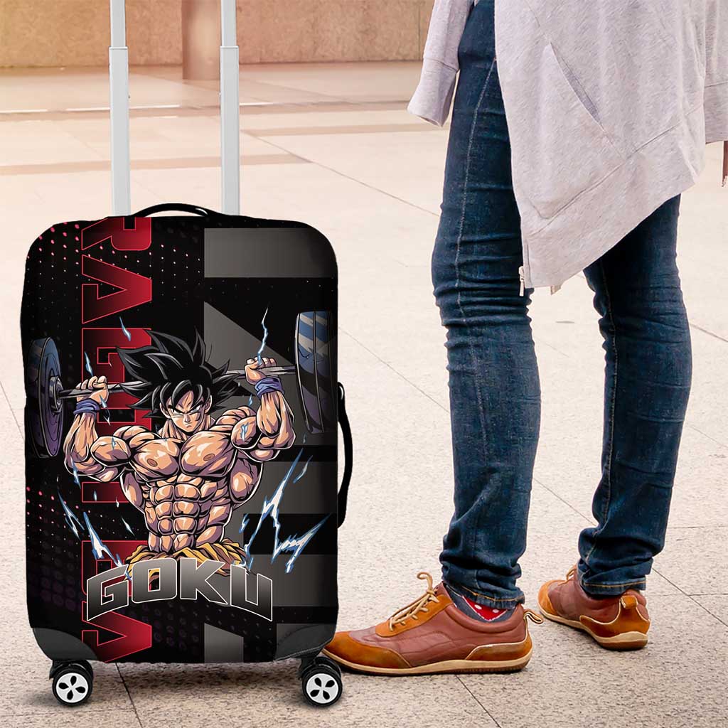 Goku Gym Theme Black and Red Design Luggage Cover with Dumbbell Lightning Art and Muscle Training Pose - The Mazicc