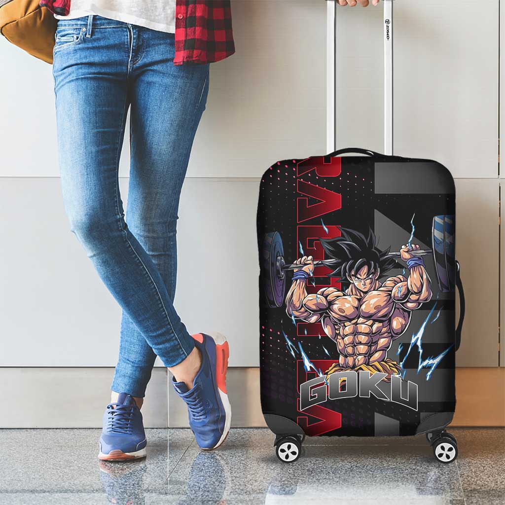 Goku Gym Theme Black and Red Design Luggage Cover with Dumbbell Lightning Art and Muscle Training Pose - The Mazicc