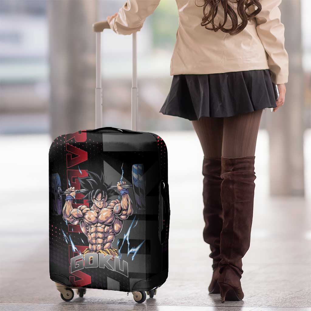 Goku Gym Theme Black and Red Design Luggage Cover with Dumbbell Lightning Art and Muscle Training Pose - The Mazicc