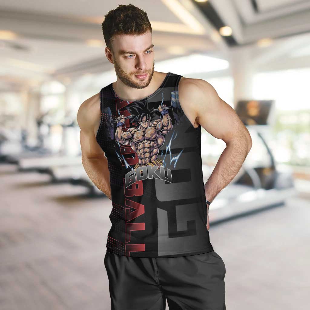 Goku Gym Theme Black and Red Design Men Tank Top with Dumbbell Lightning Art and Muscle Training Pose - The Mazicc