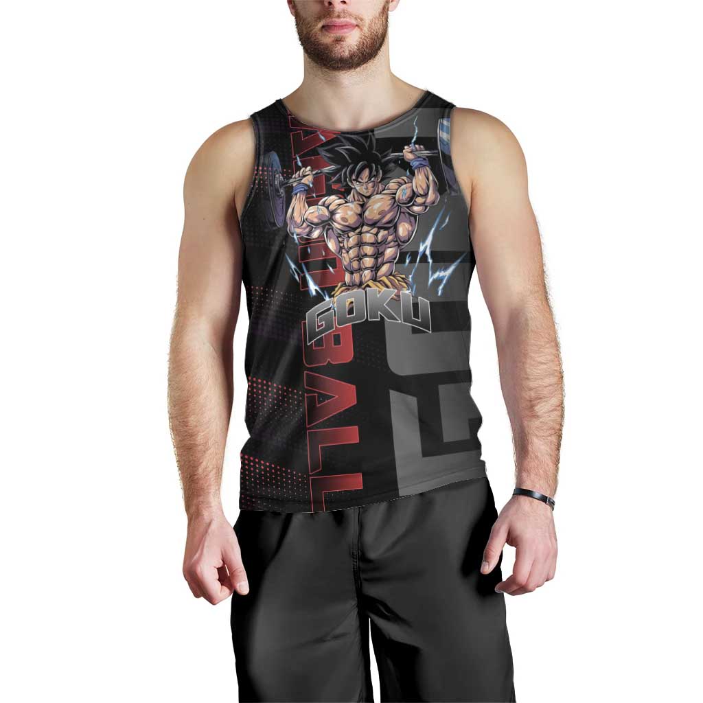 Goku Gym Theme Black and Red Design Men Tank Top with Dumbbell Lightning Art and Muscle Training Pose - The Mazicc