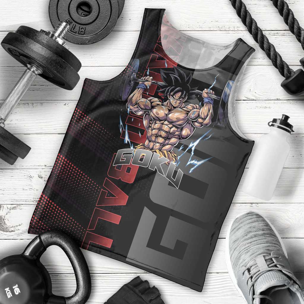 Goku Gym Theme Black and Red Design Men Tank Top with Dumbbell Lightning Art and Muscle Training Pose - The Mazicc