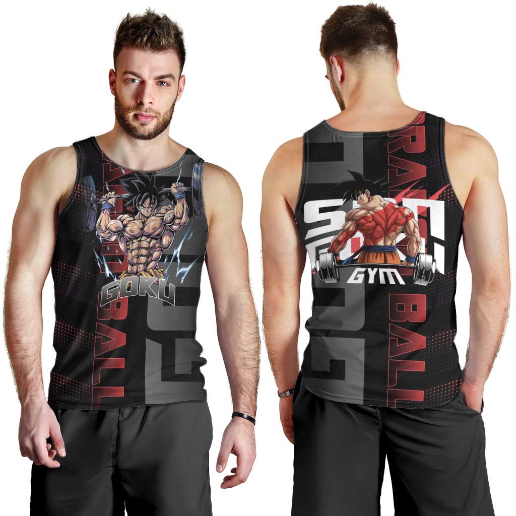 Goku Gym Theme Black and Red Design Men Tank Top with Dumbbell Lightning Art and Muscle Training Pose - The Mazicc