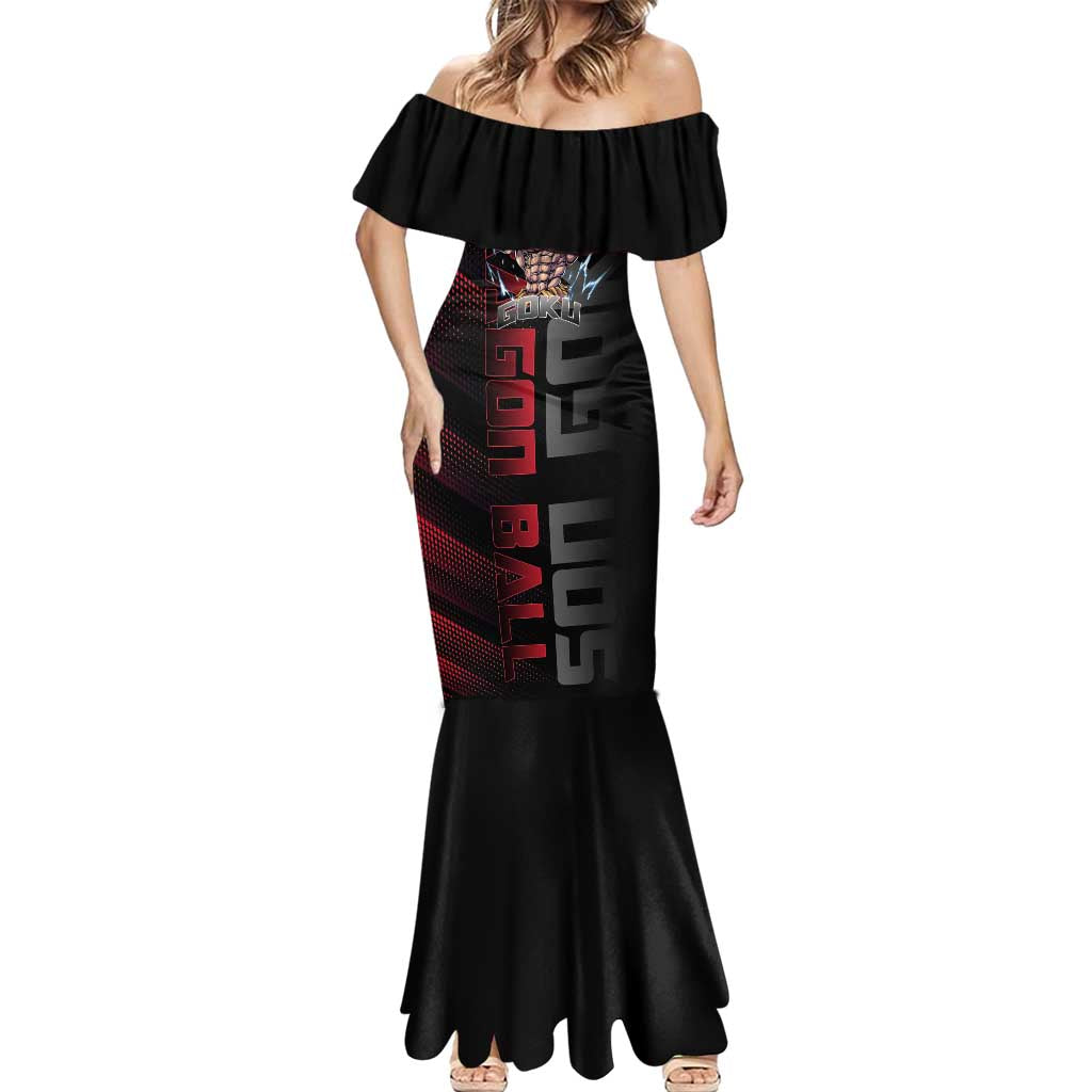 Goku Gym Theme Black and Red Design Mermaid Dress with Dumbbell Lightning Art and Muscle Training Pose - The Mazicc