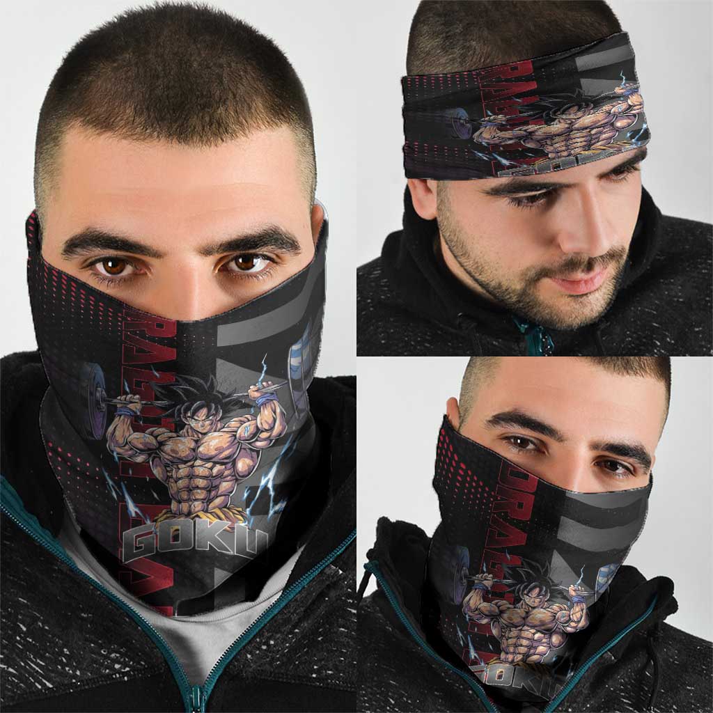 Goku Gym Theme Black and Red Design Neck Gaiter with Dumbbell Lightning Art and Muscle Training Pose - The Mazicc