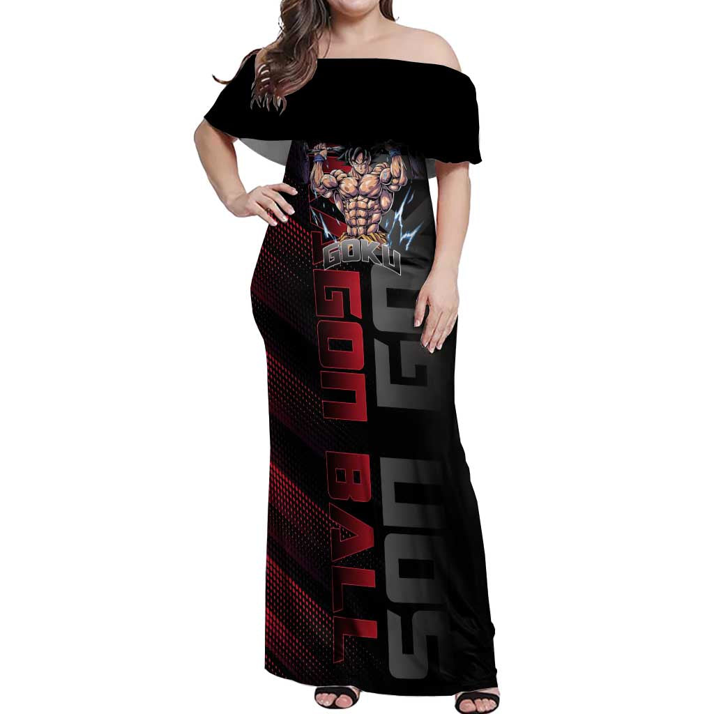 Goku Gym Theme Black and Red Design Off Shoulder Maxi Dress with Dumbbell Lightning Art and Muscle Training Pose - The Mazicc