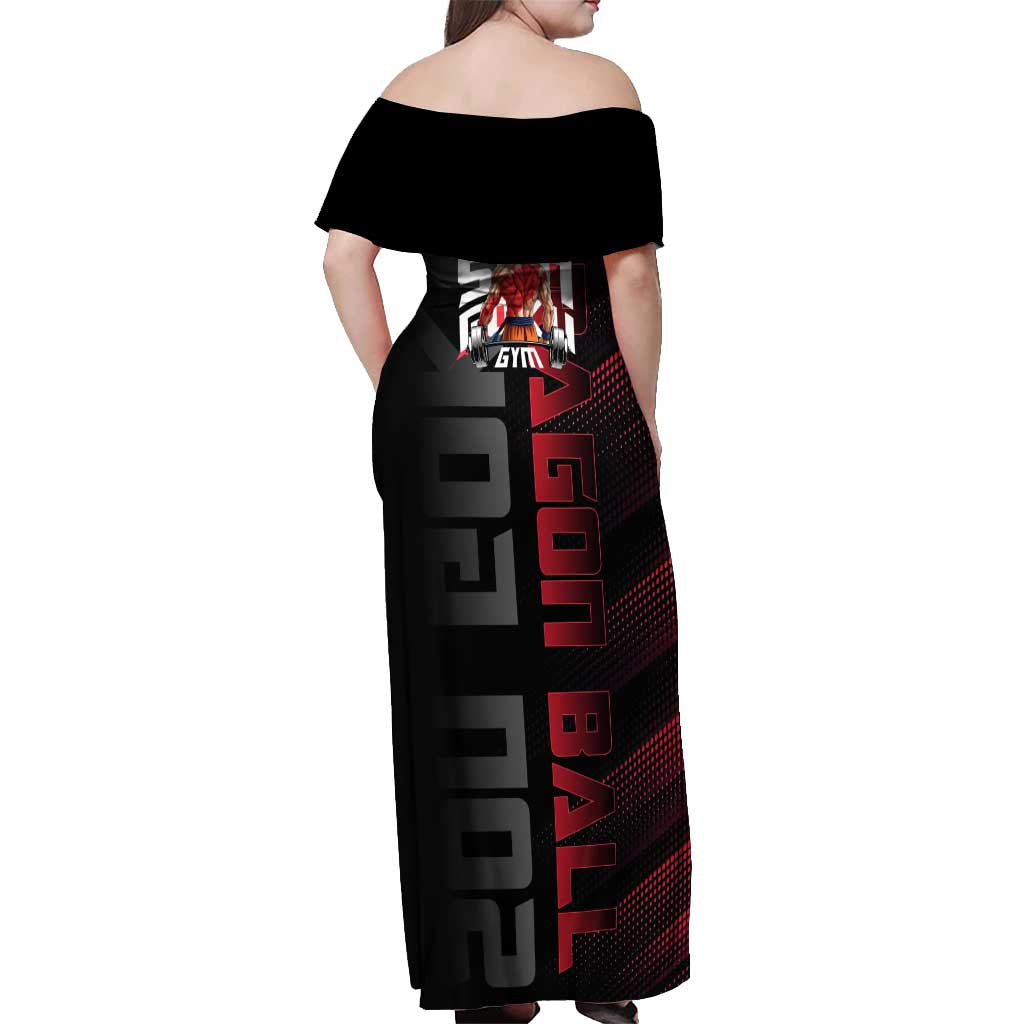 Goku Gym Theme Black and Red Design Off Shoulder Maxi Dress with Dumbbell Lightning Art and Muscle Training Pose - The Mazicc