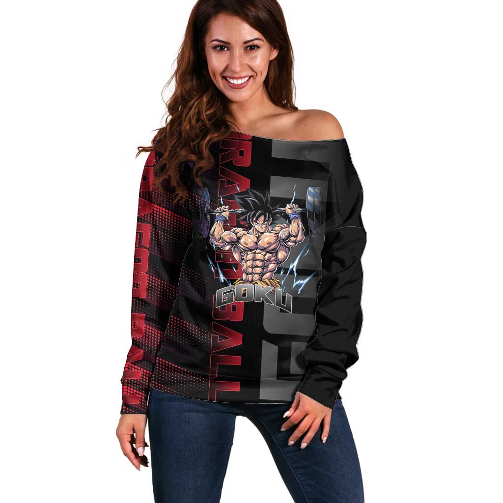 Goku Gym Theme Black and Red Design Off Shoulder Sweater with Dumbbell Lightning Art and Muscle Training Pose - The Mazicc
