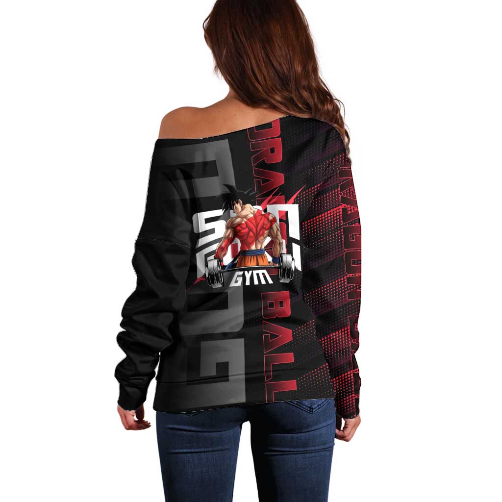 Goku Gym Theme Black and Red Design Off Shoulder Sweater with Dumbbell Lightning Art and Muscle Training Pose - The Mazicc