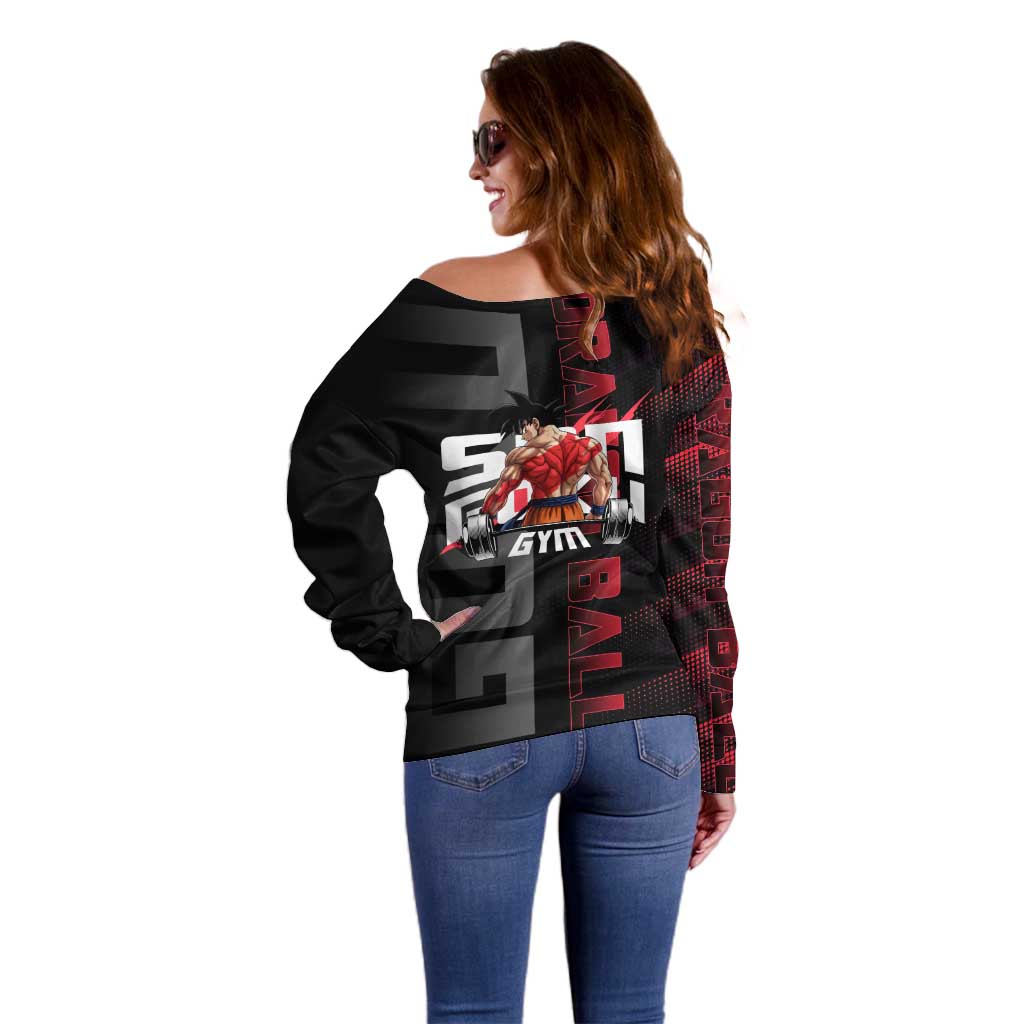 Goku Gym Theme Black and Red Design Off Shoulder Sweater with Dumbbell Lightning Art and Muscle Training Pose - The Mazicc
