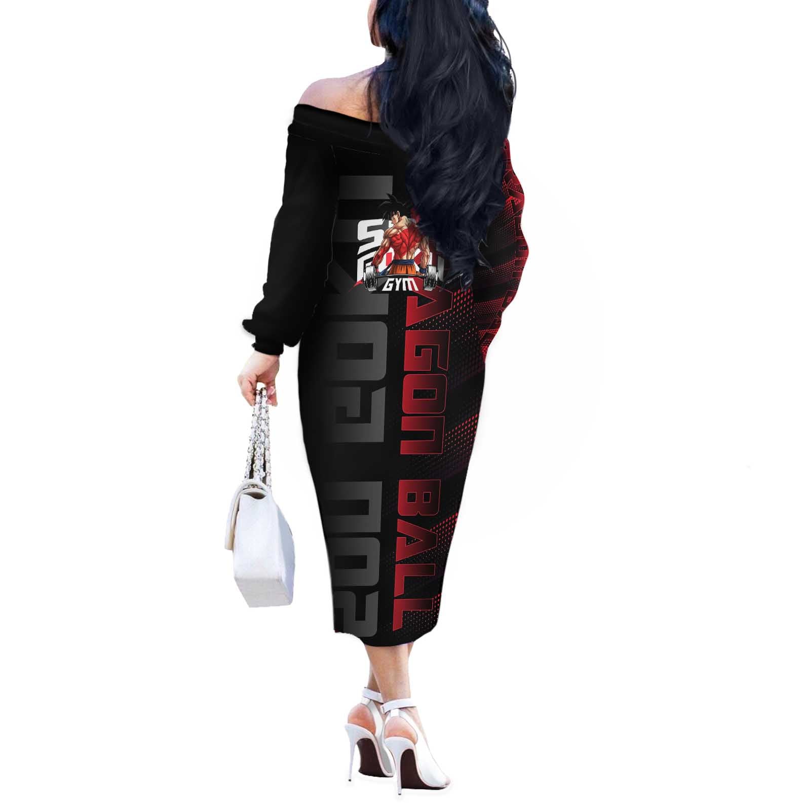Goku Gym Theme Black and Red Design Off The Shoulder Long Sleeve Dress with Dumbbell Lightning Art and Muscle Training Pose - The Mazicc