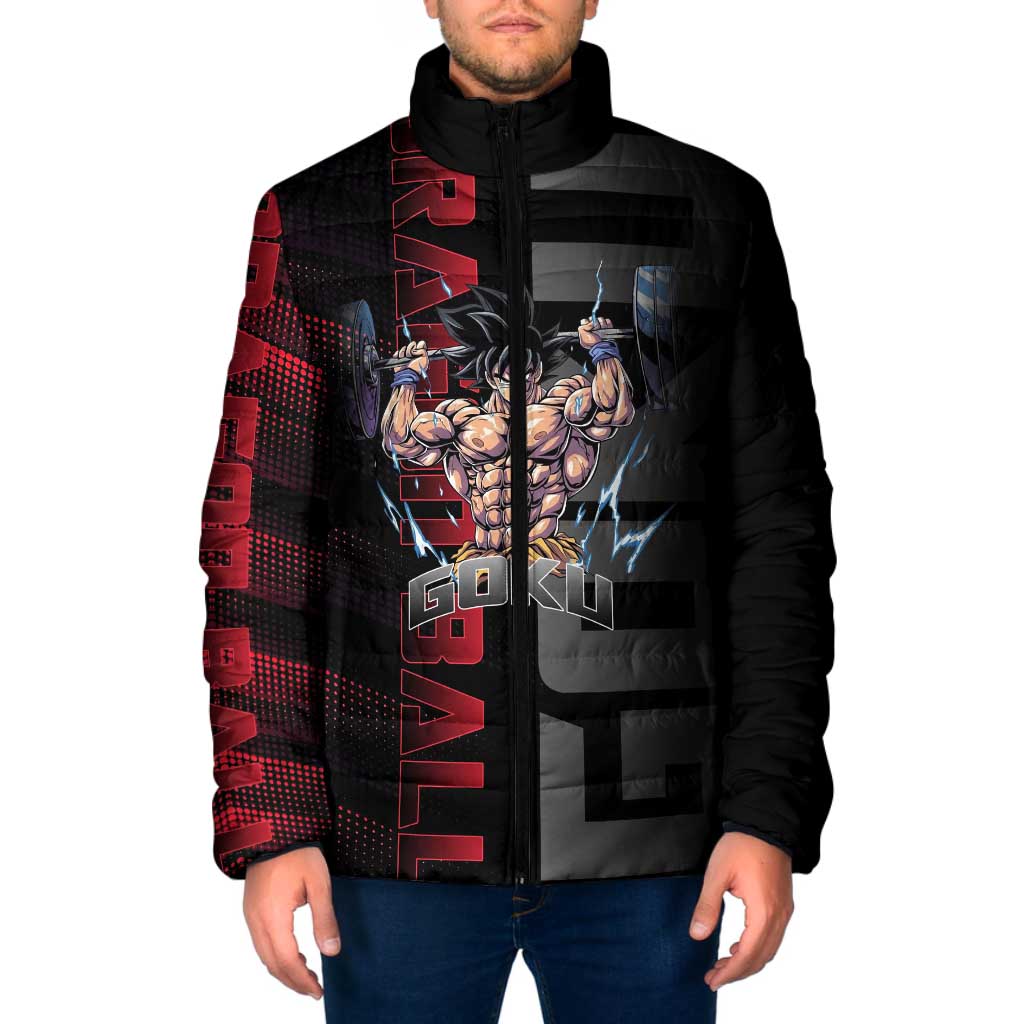 Goku Gym Theme Black and Red Design Padded Jacket with Dumbbell Lightning Art and Muscle Training Pose - The Mazicc