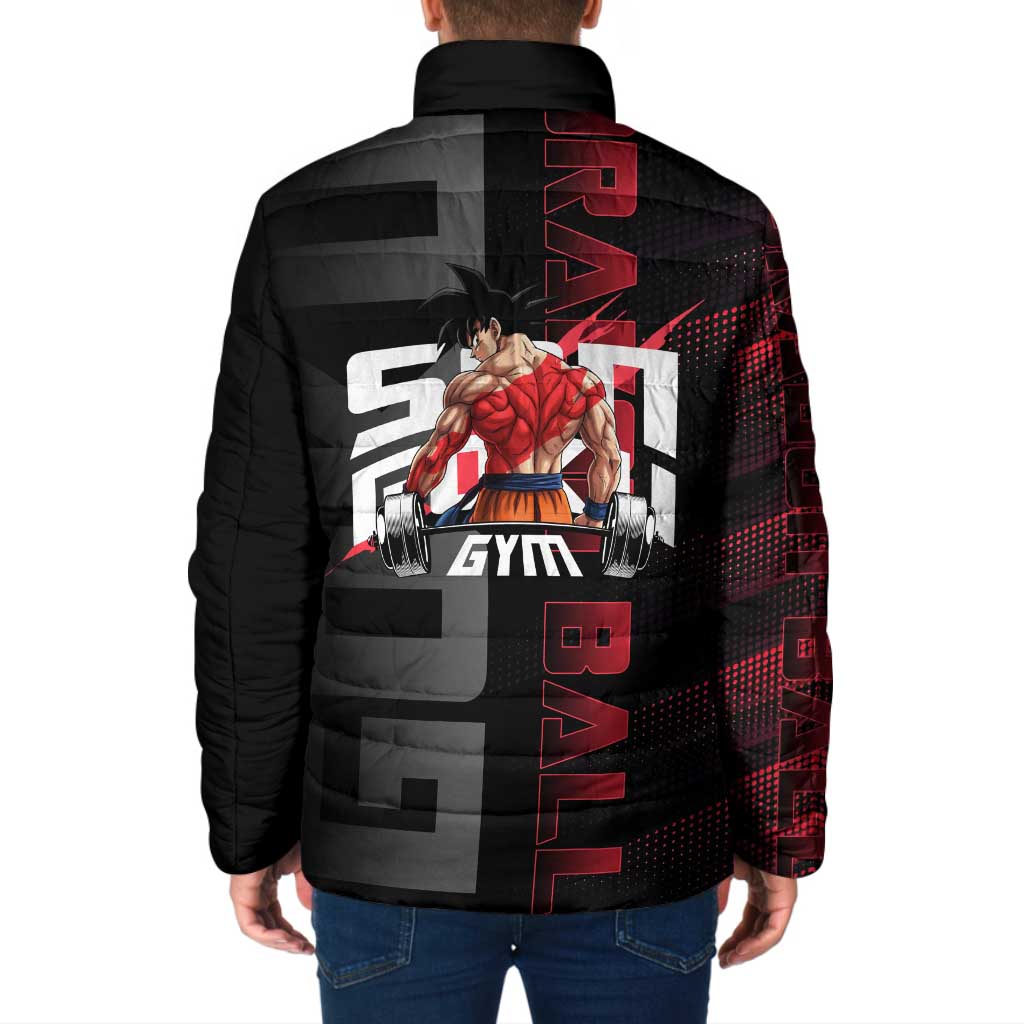 Goku Gym Theme Black and Red Design Padded Jacket with Dumbbell Lightning Art and Muscle Training Pose - The Mazicc