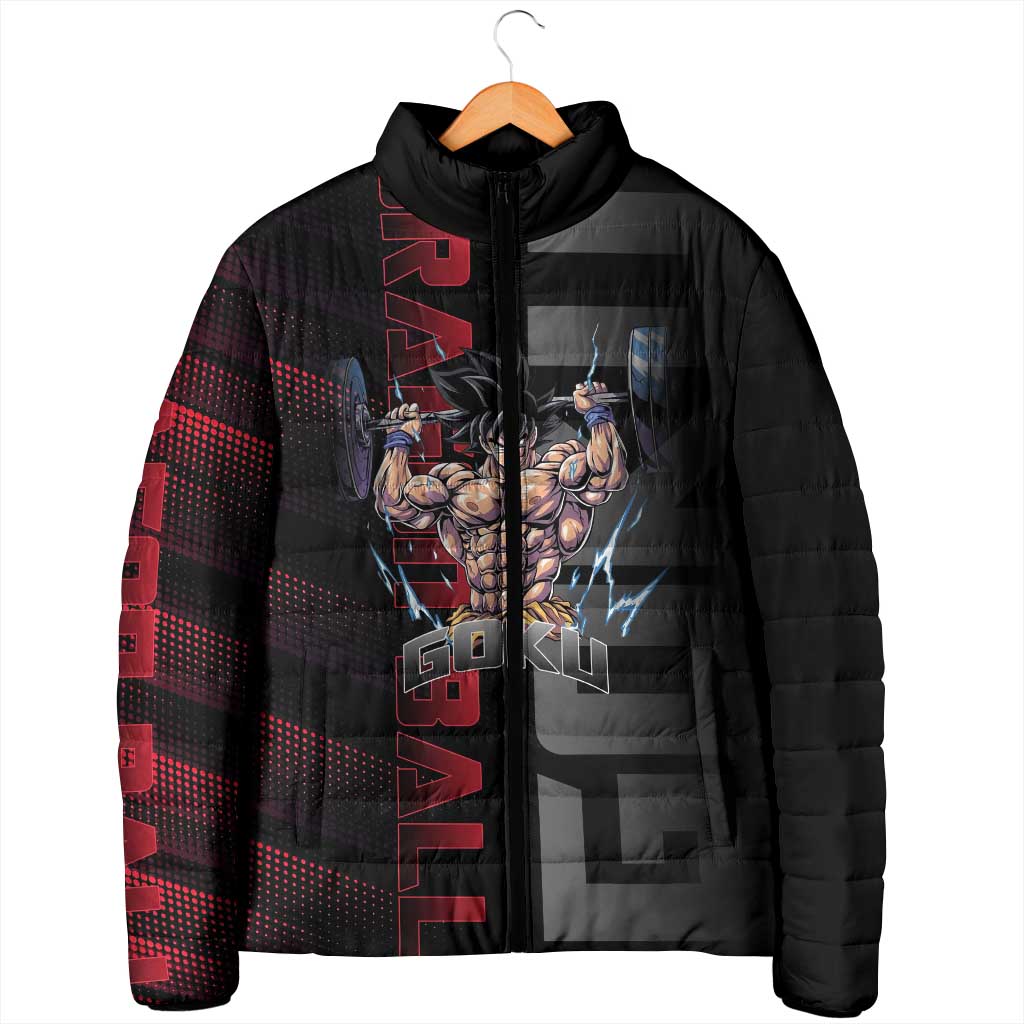 Goku Gym Theme Black and Red Design Padded Jacket with Dumbbell Lightning Art and Muscle Training Pose - The Mazicc