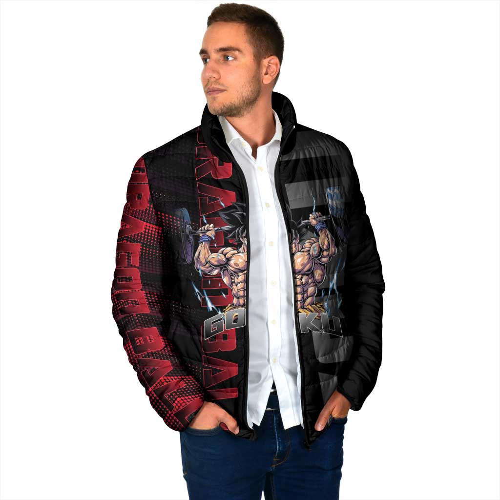 Goku Gym Theme Black and Red Design Padded Jacket with Dumbbell Lightning Art and Muscle Training Pose - The Mazicc