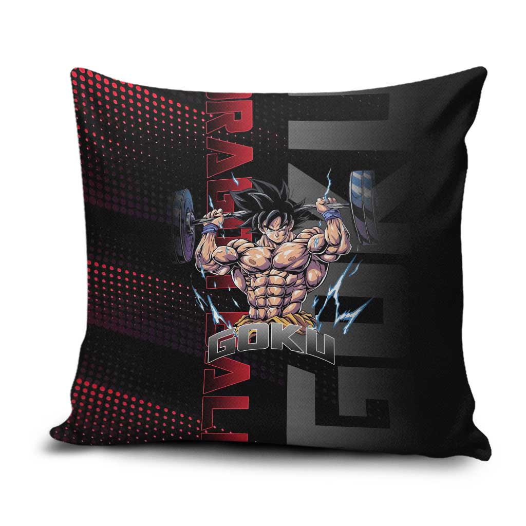 Goku Gym Theme Black and Red Design Pillow Cover with Dumbbell Lightning Art and Muscle Training Pose - The Mazicc