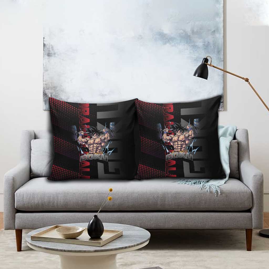 Goku Gym Theme Black and Red Design Pillow Cover with Dumbbell Lightning Art and Muscle Training Pose - The Mazicc