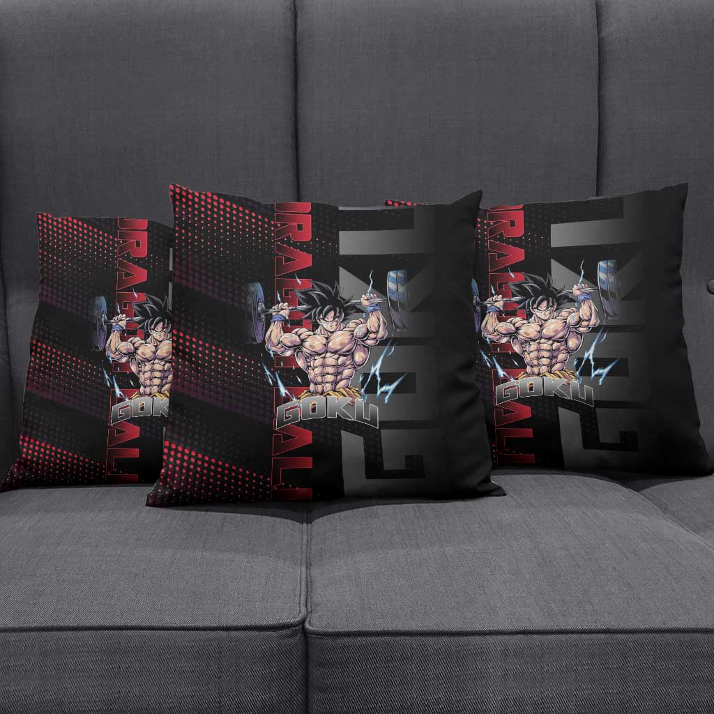 Goku Gym Theme Black and Red Design Pillow Cover with Dumbbell Lightning Art and Muscle Training Pose - The Mazicc