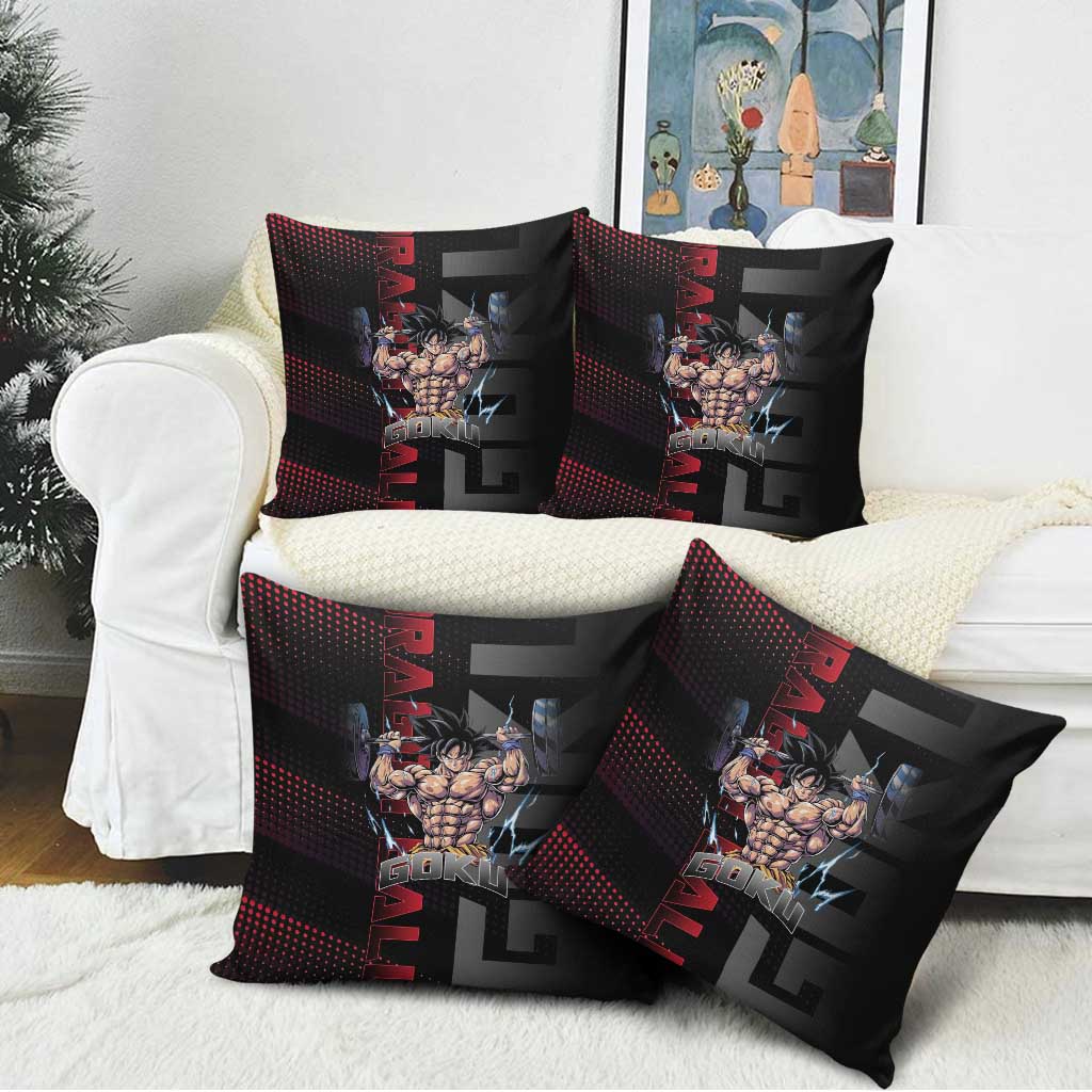 Goku Gym Theme Black and Red Design Pillow Cover with Dumbbell Lightning Art and Muscle Training Pose - The Mazicc
