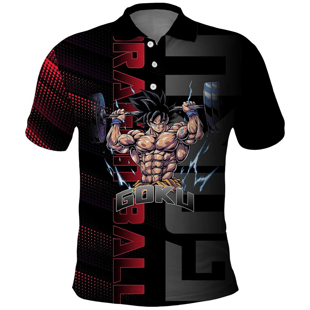 Goku Gym Theme Black and Red Design Polo Shirt with Dumbbell Lightning Art and Muscle Training Pose - The Mazicc