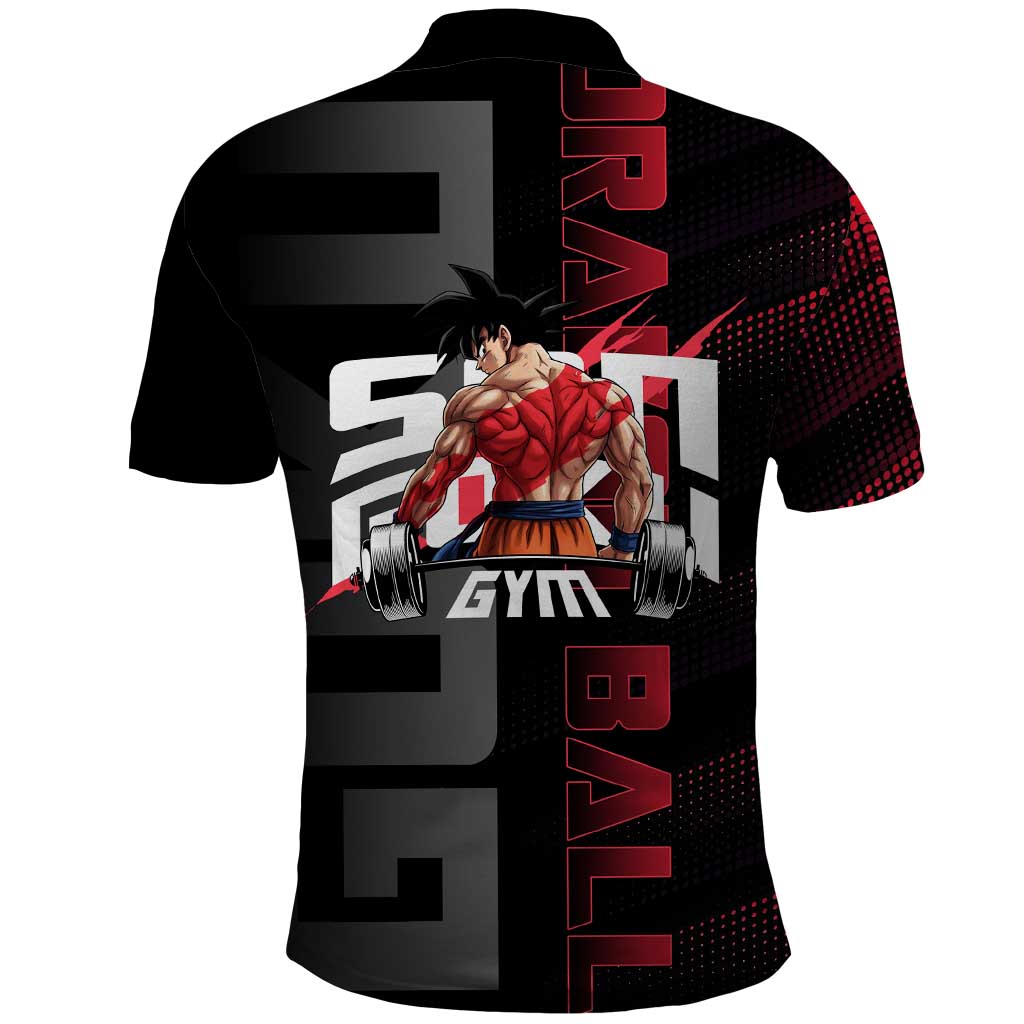 Goku Gym Theme Black and Red Design Polo Shirt with Dumbbell Lightning Art and Muscle Training Pose - The Mazicc