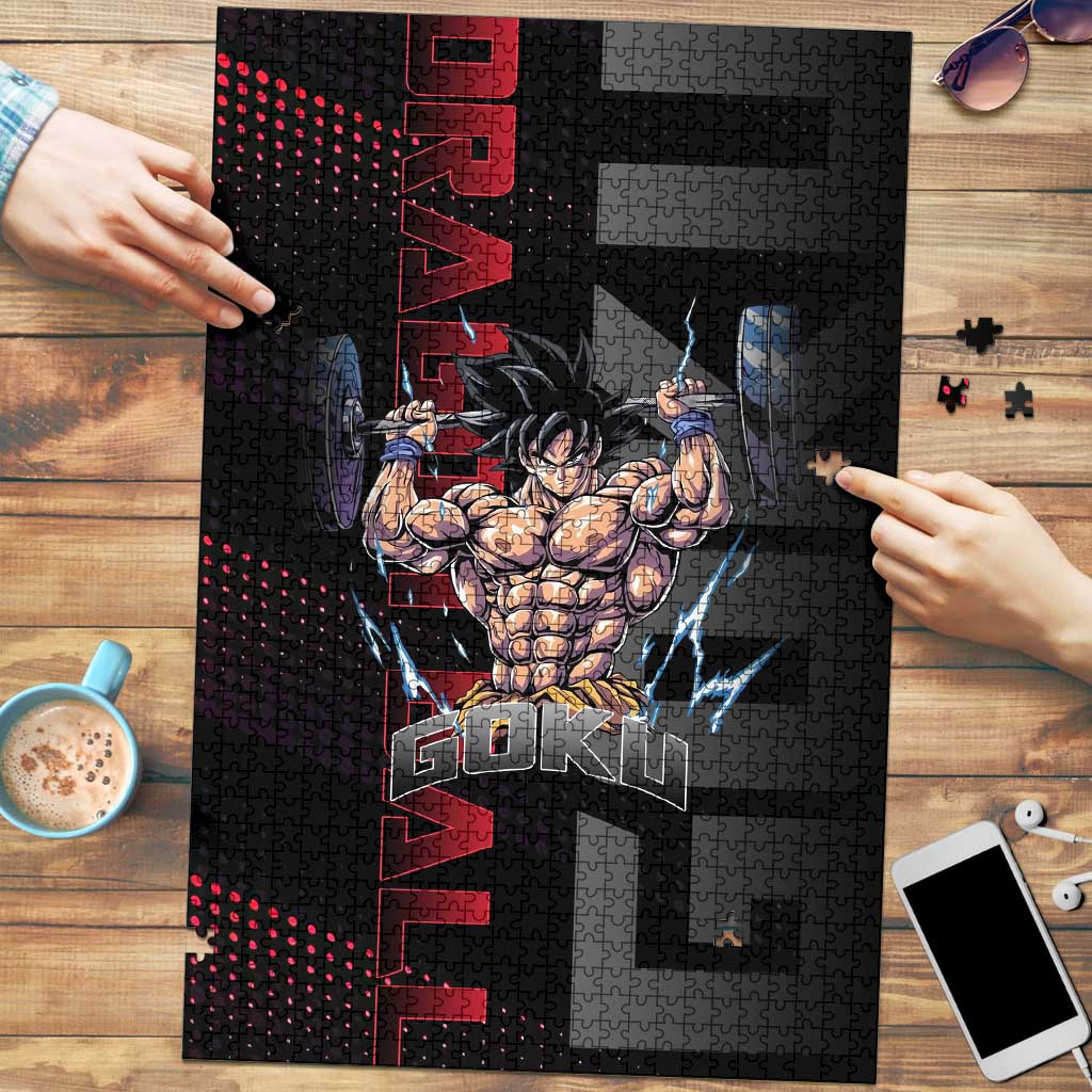 Goku Gym Theme Black and Red Design Puzzle with Dumbbell Lightning Art and Muscle Training Pose - The Mazicc