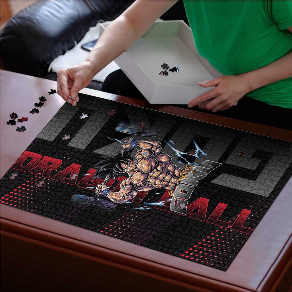 Goku Gym Theme Black and Red Design Puzzle with Dumbbell Lightning Art and Muscle Training Pose - The Mazicc