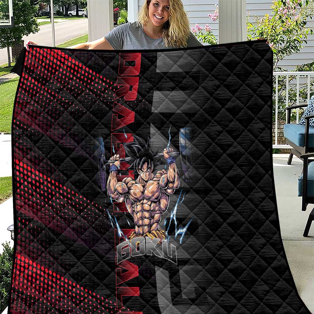Goku Gym Theme Black and Red Design Quilt with Dumbbell Lightning Art and Muscle Training Pose - The Mazicc