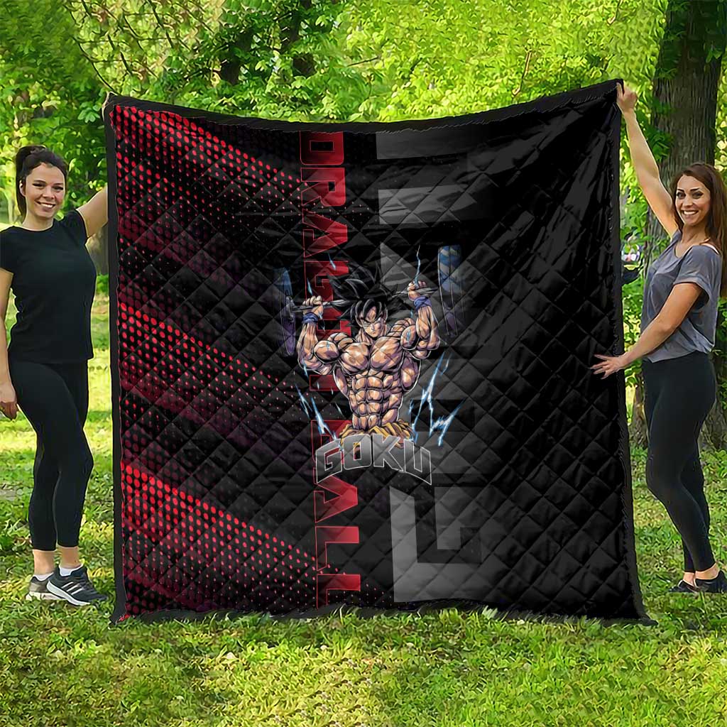 Goku Gym Theme Black and Red Design Quilt with Dumbbell Lightning Art and Muscle Training Pose - The Mazicc